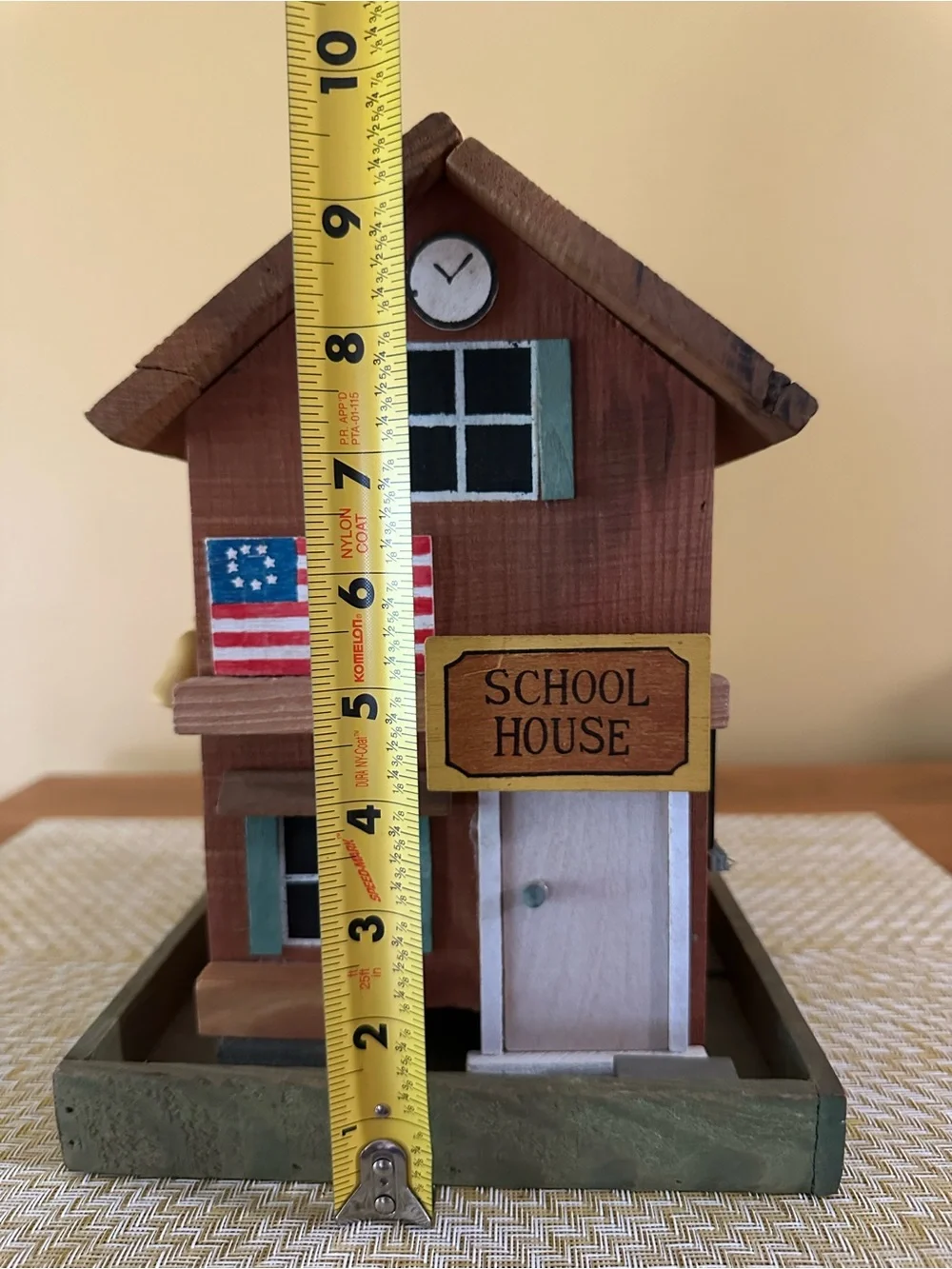 Wooden School House Decorative Bird feeder Brown with Green Accents